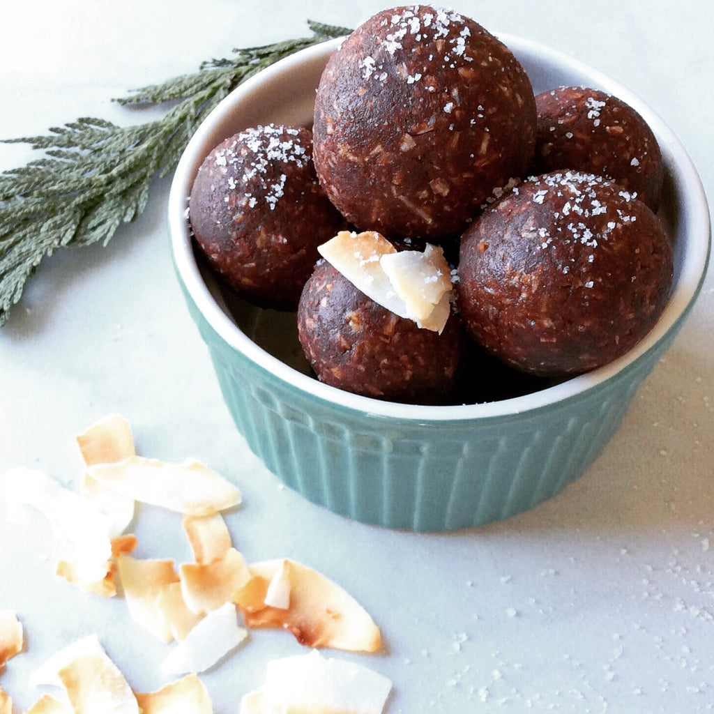 Chocolate Paleo Energy Bites w/ Roasted Coconut Butter (sweet & salty